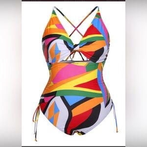 Reheyre Colorful Retro Print Plus Size Monokini NWOT